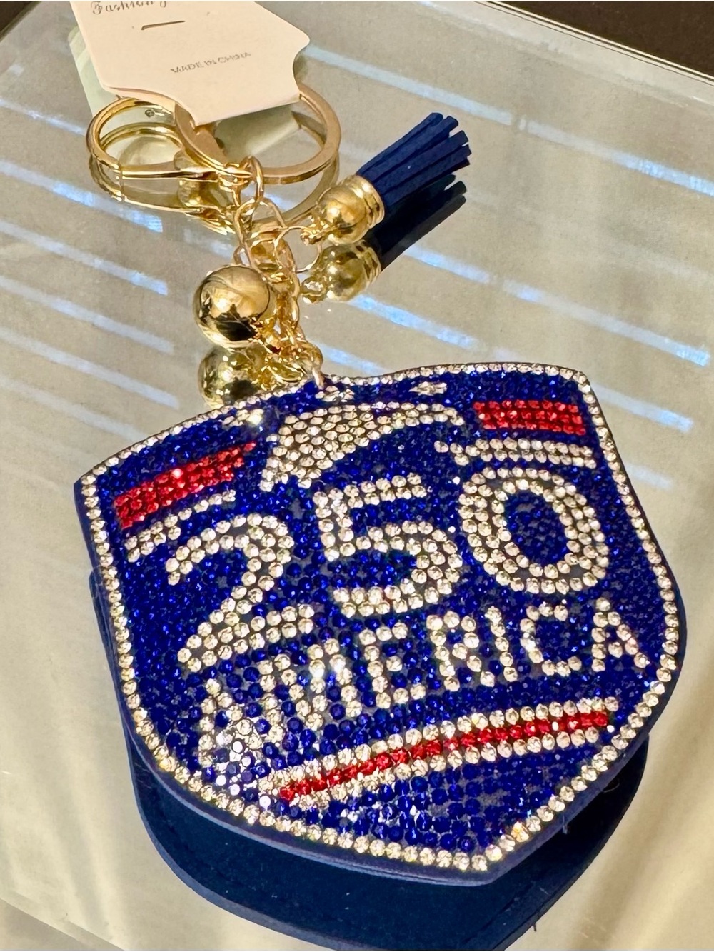Blue '250 America' Crystal Shield Keychain/bag charm will be a keepsake